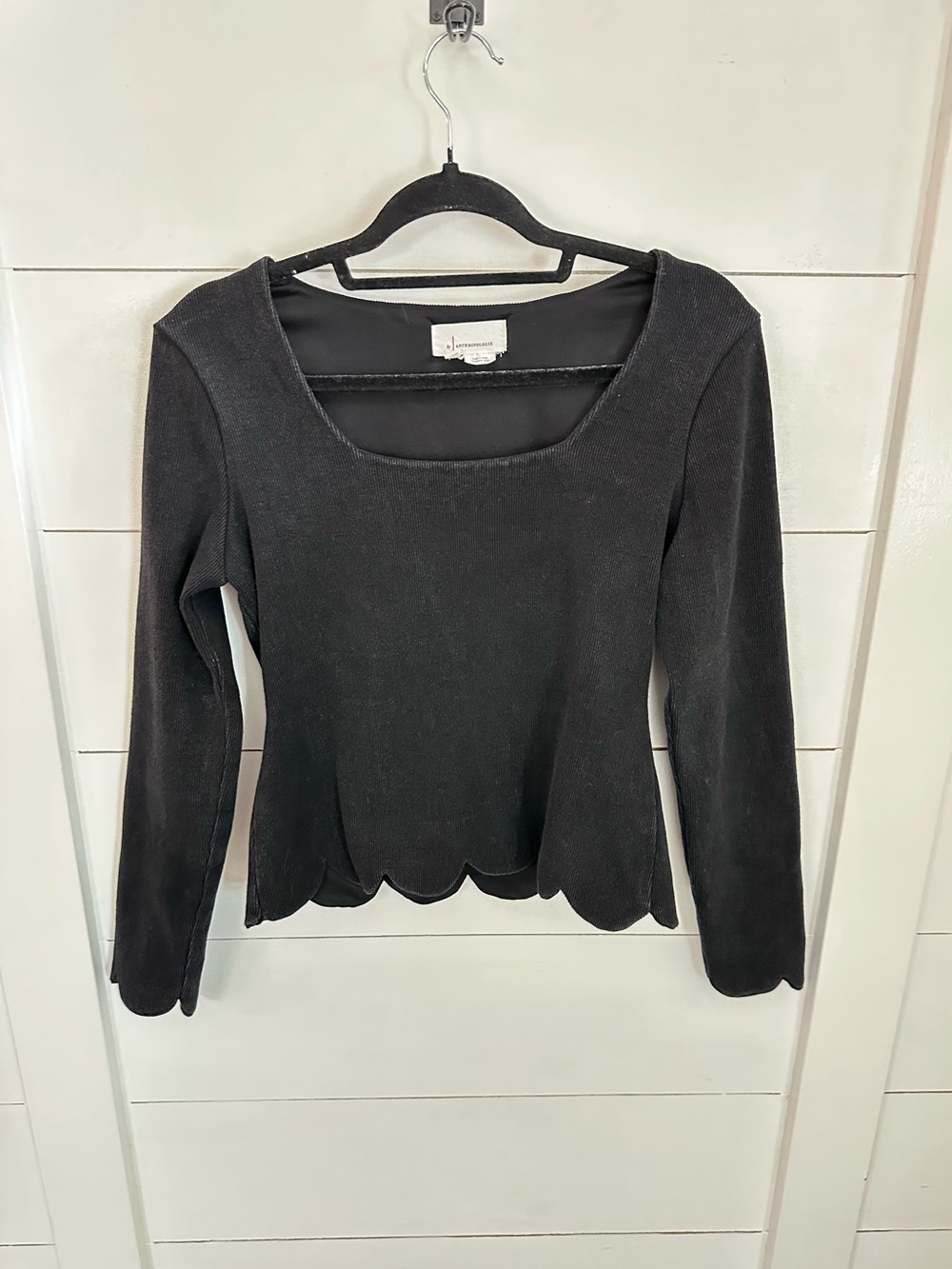 Anthropology S black ribbed scalloped wrist & hem 100% cotton top boho chic - Picture 2 of 11